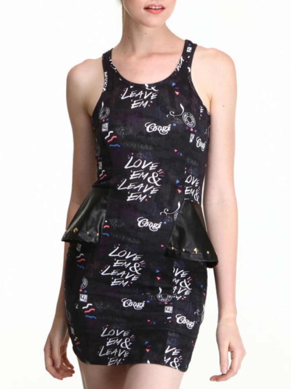 COOGI Love 'em Leave 'em Black Peplum Dress Leather Accent NWT - Picture 1 of 6
